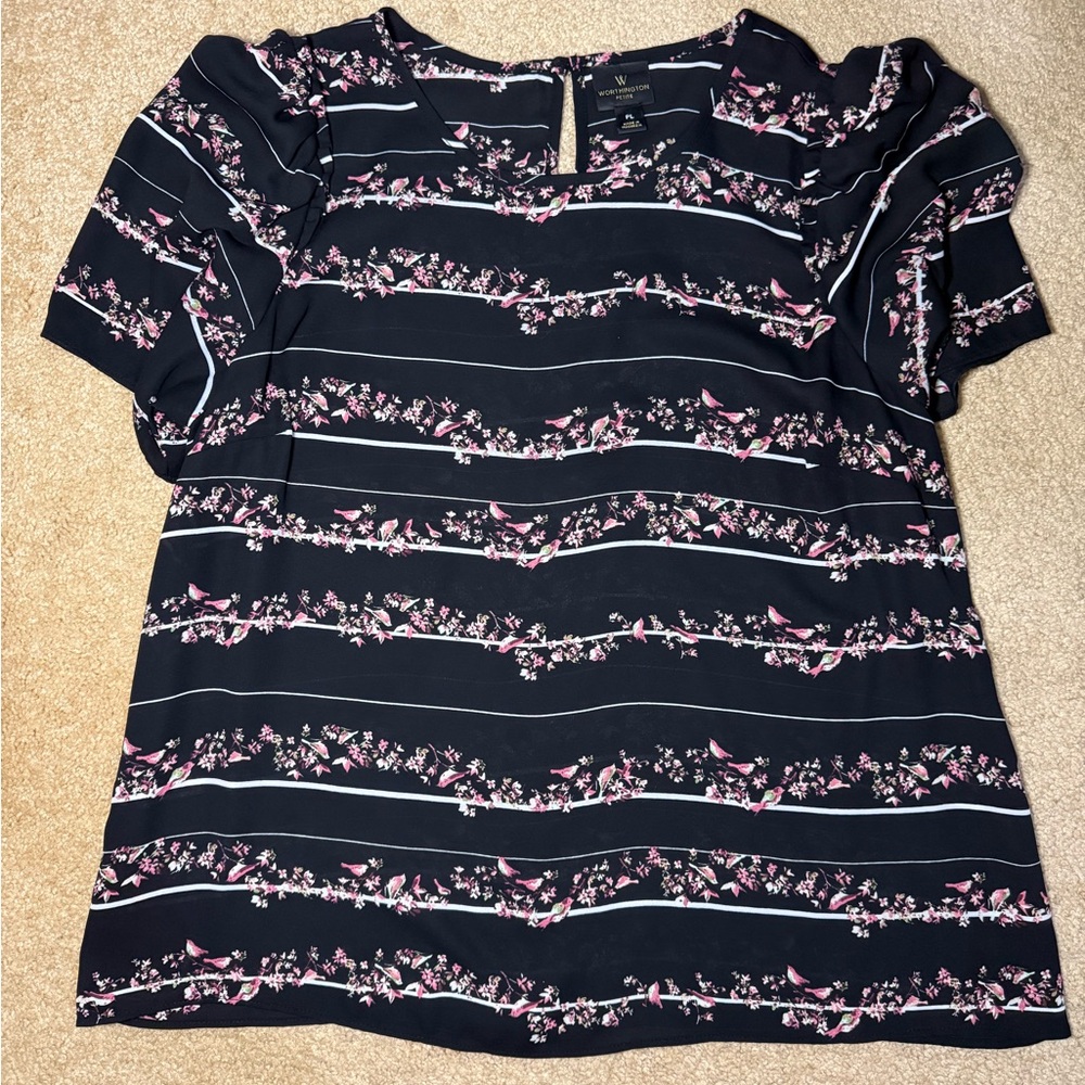 Worthington Black and Pink Floral Striped Blouse
